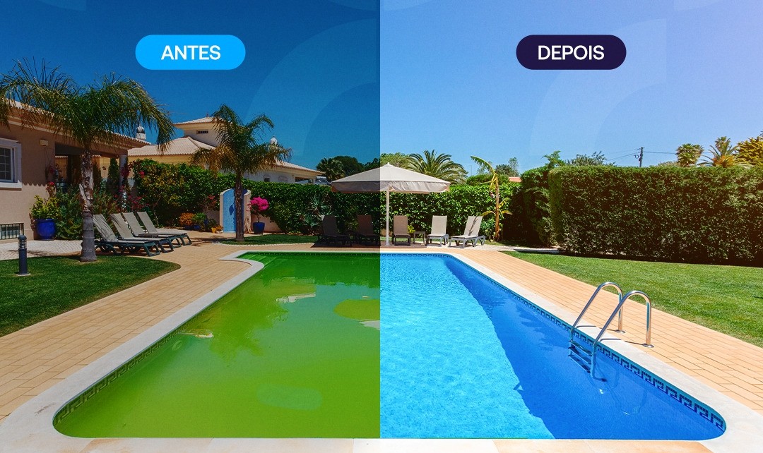 Antes e depois de uma piscina cuidada pelos profissionais parceiros da Juju Piscinas